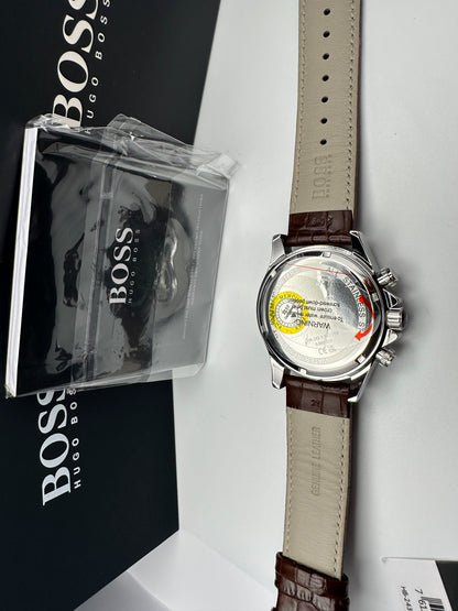 HB1513175 Luxury Silver Tone Dial Brown Leather Strap Mens Chronograph Watch