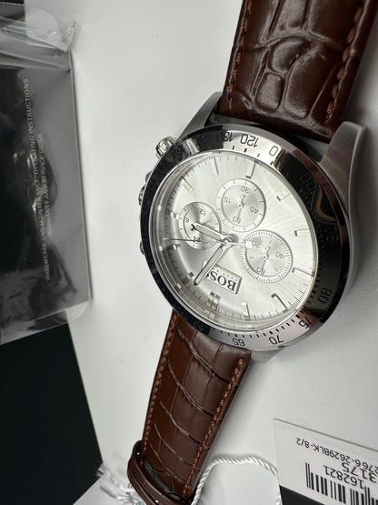 HB1513175 Luxury Silver Tone Dial Brown Leather Strap Mens Chronograph Watch