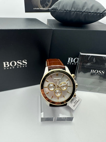 HB1513174 Ikon Gold Tone Stainless Steel Brown Leather Strap Mens Chronograph Watch