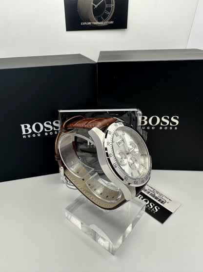 HB1513175 Luxury Silver Tone Dial Brown Leather Strap Mens Chronograph Watch