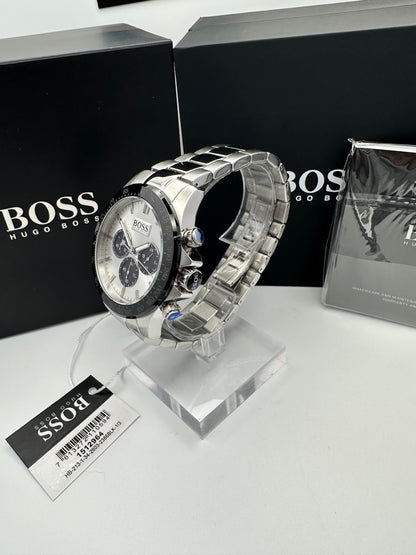 Hugo Boss 1512964 Silver Tone Stainless Steel Black Bezel Mens Chronograph Watch