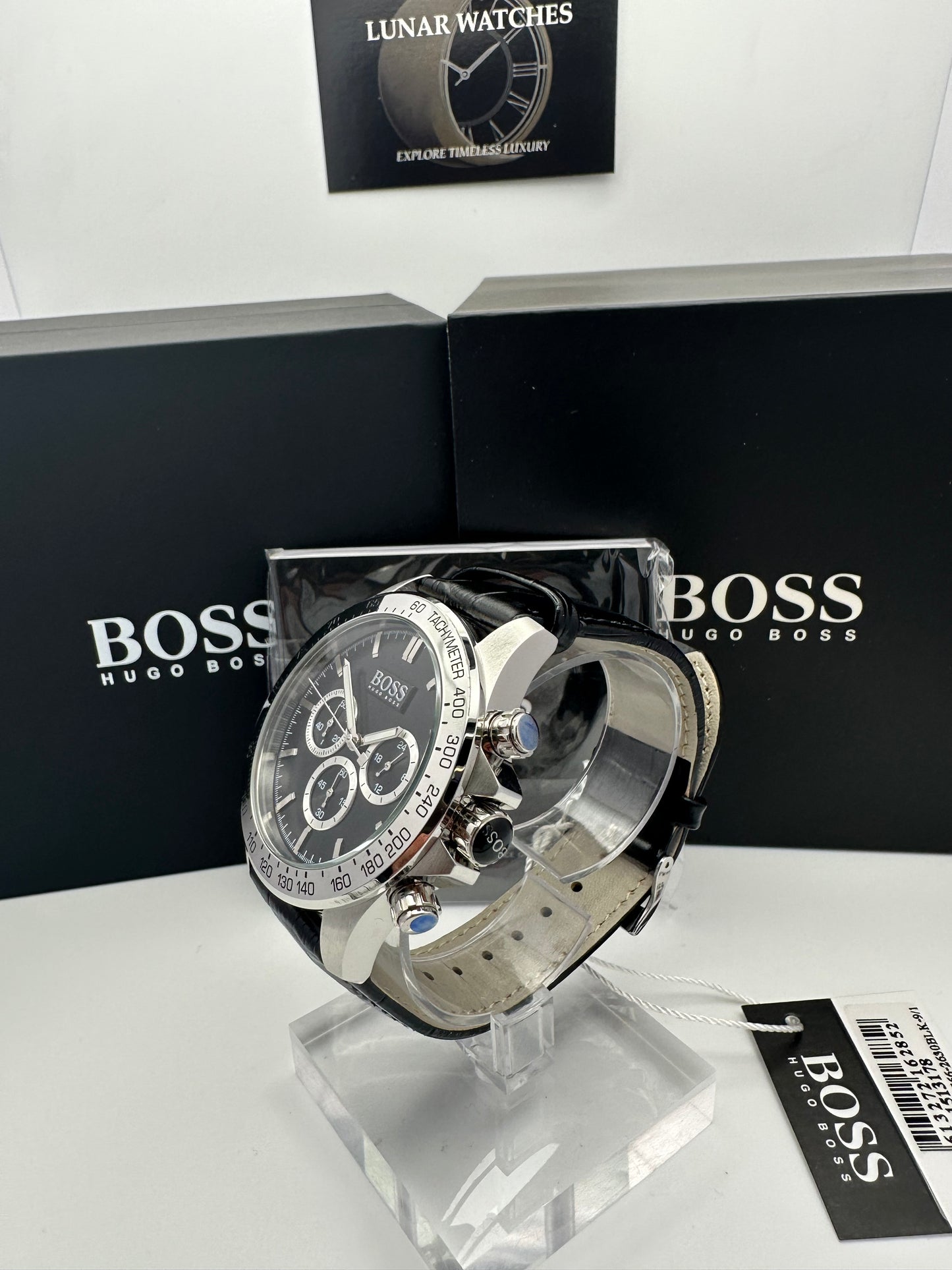 Hugo Boss Ikon 1513178 Leather Strap Black Dial Silver Tone Case Mens Chronograph Watch