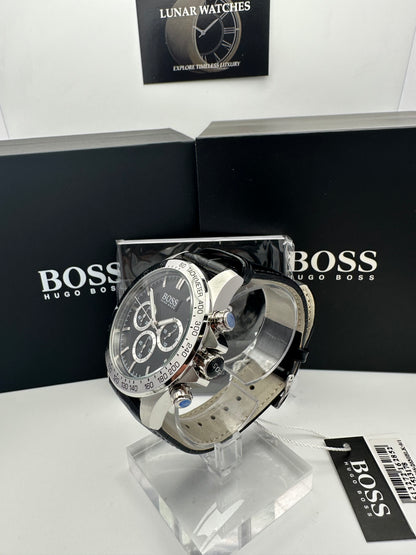 Hugo Boss Ikon 1513178 Leather Strap Black Dial Silver Tone Case Mens Chronograph Watch