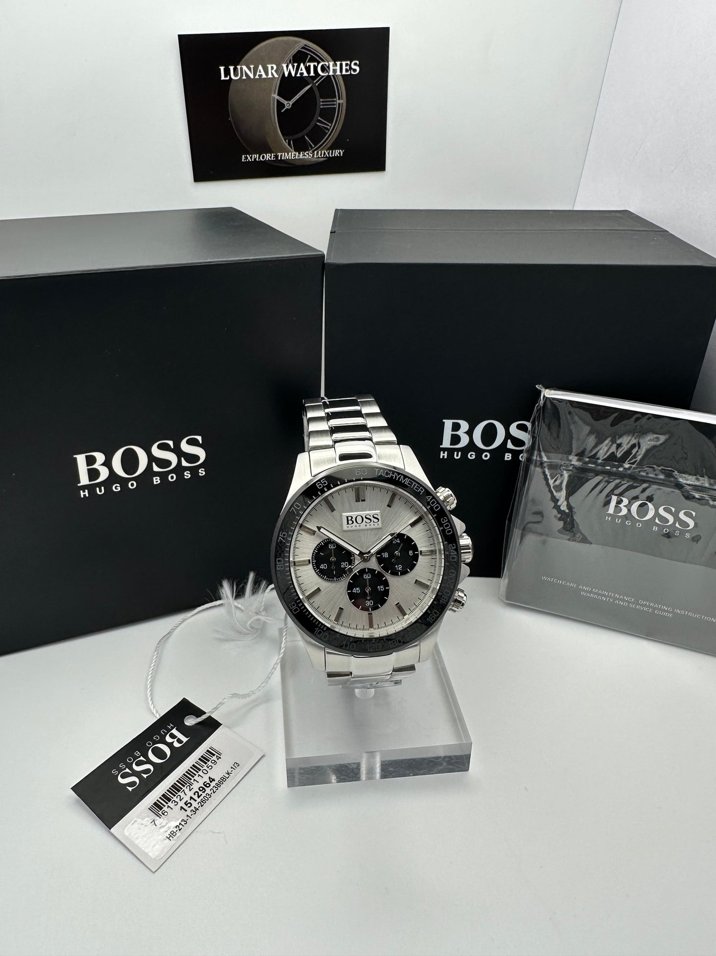 Hugo Boss 1512964 Silver Tone Stainless Steel Black Bezel Mens Chronograph Watch
