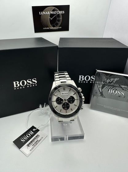 Hugo Boss 1512964 Silver Tone Stainless Steel Black Bezel Mens Chronograph Watch