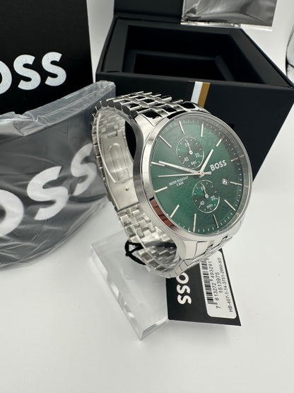 Boss 1513975 Green Dial Silver Tone Bracelet Stainless Steel Mens Chronograph Watch