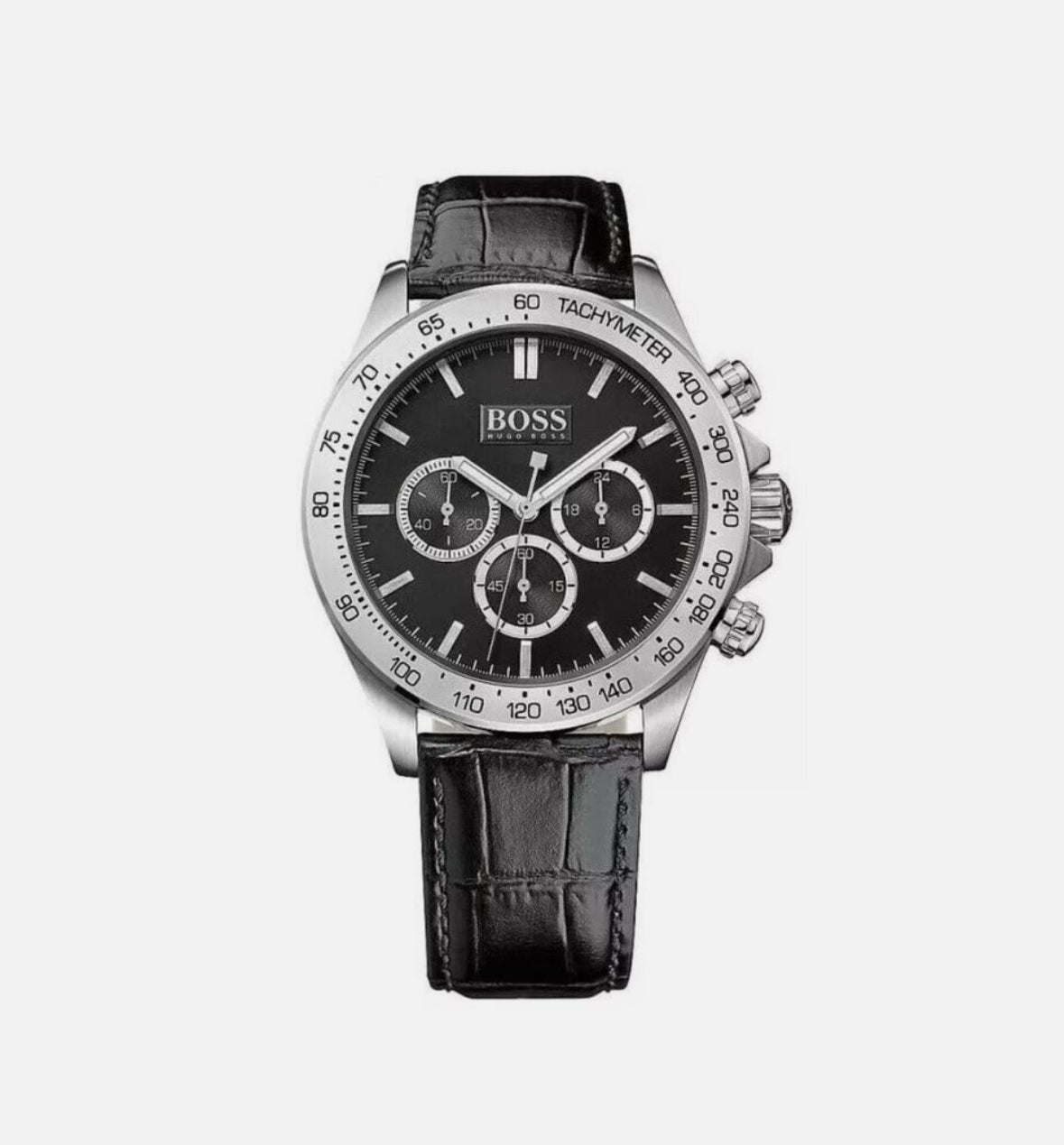 Hugo Boss Ikon 1513178 Leather Strap Black Dial Silver Tone Case Mens Chronograph Watch
