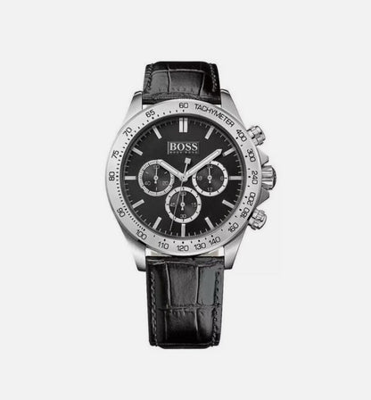 Hugo Boss Ikon 1513178 Leather Strap Black Dial Silver Tone Case Mens Chronograph Watch